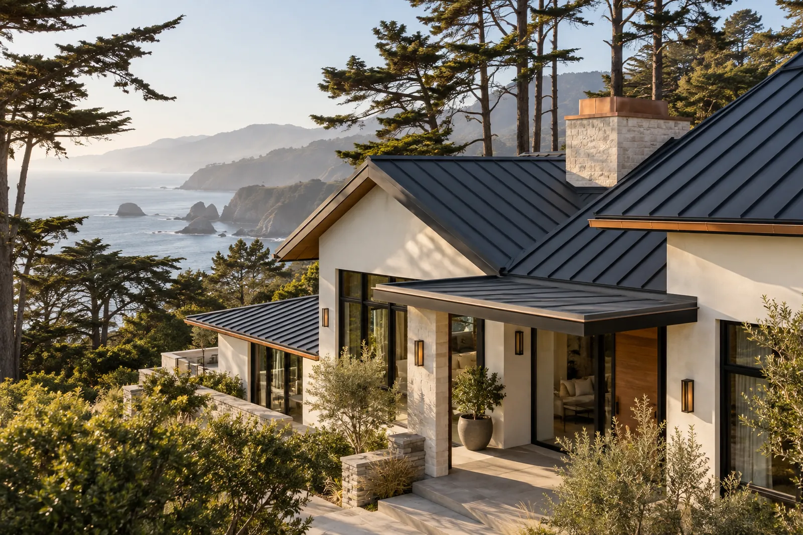 Metal-roof home concept in a coastal forest setting