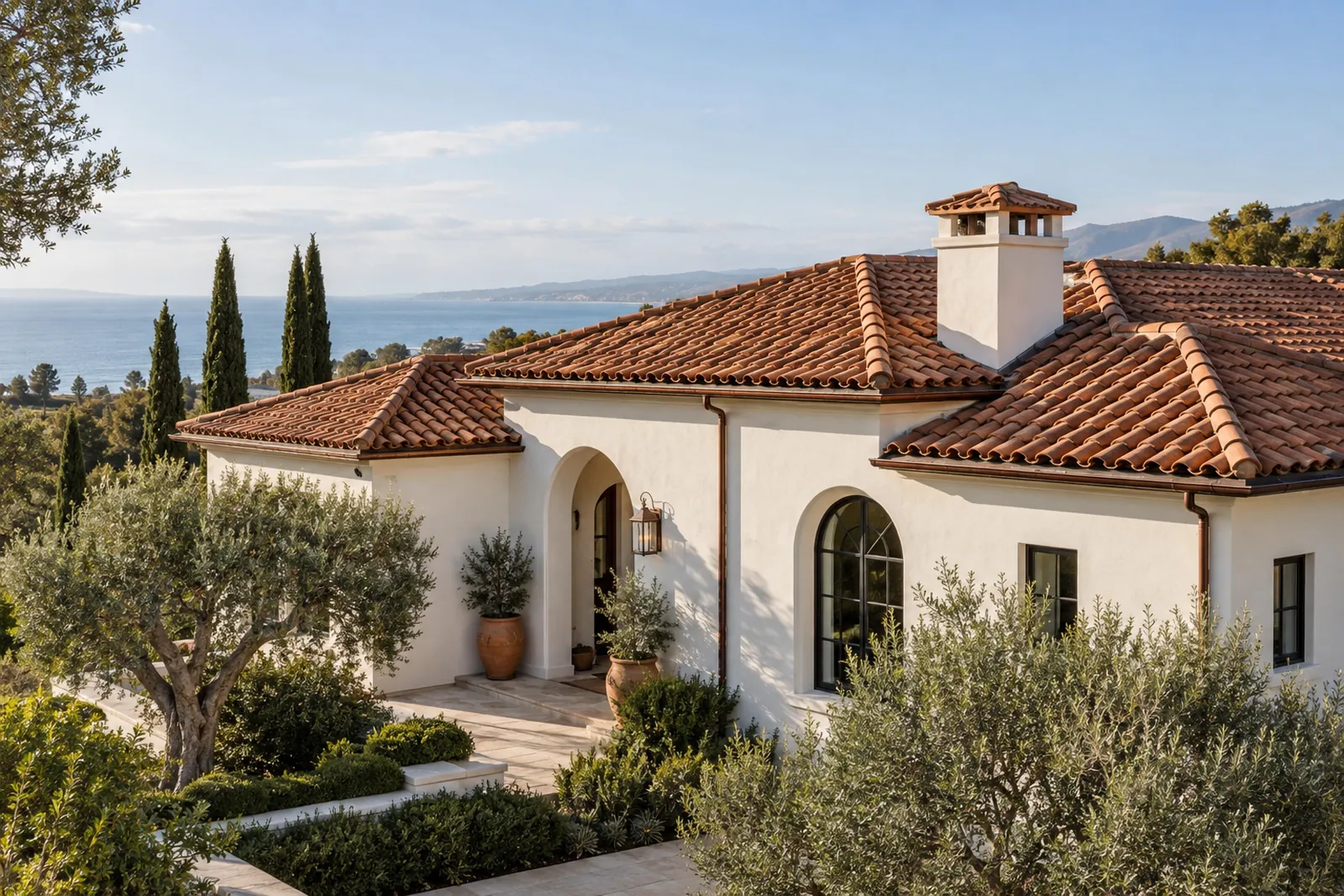 Terracotta clay tile roof on a California-style home