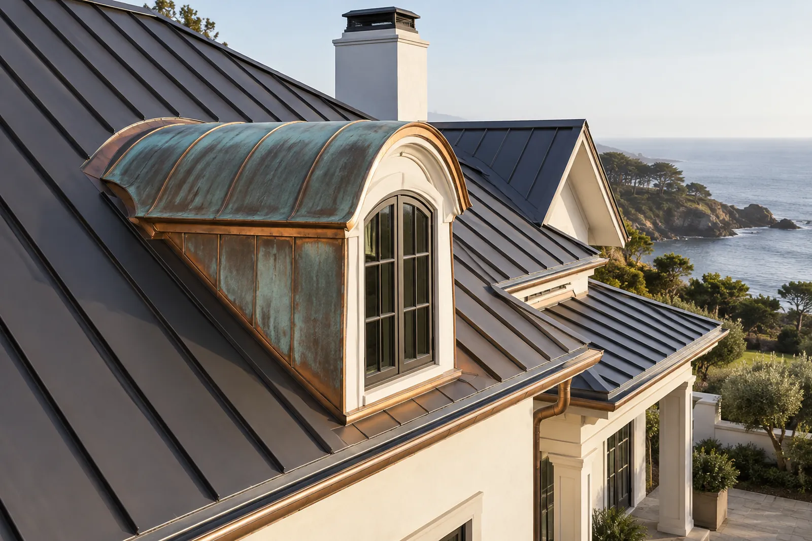 Patinated copper roof feature beside dark metal panels