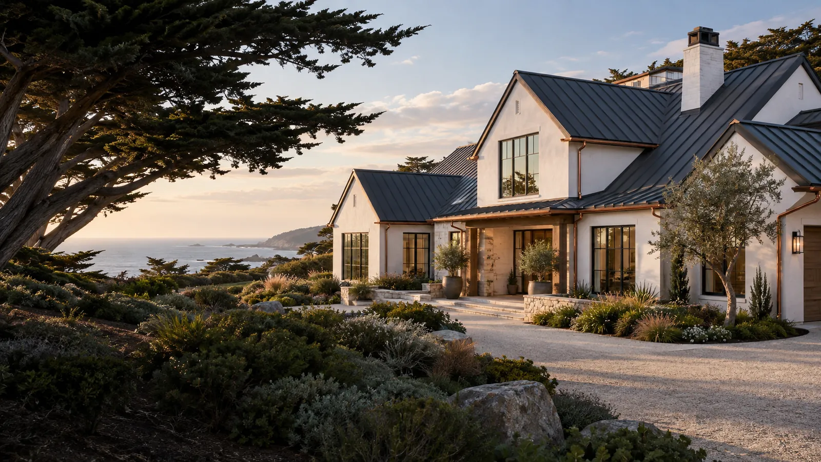 Coastal-style home with a graphite metal roof and warm copper accents