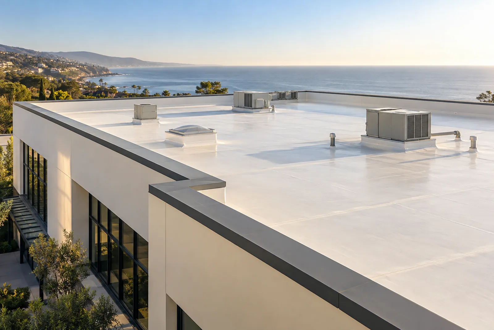 Commercial membrane roof with parapets and rooftop equipment