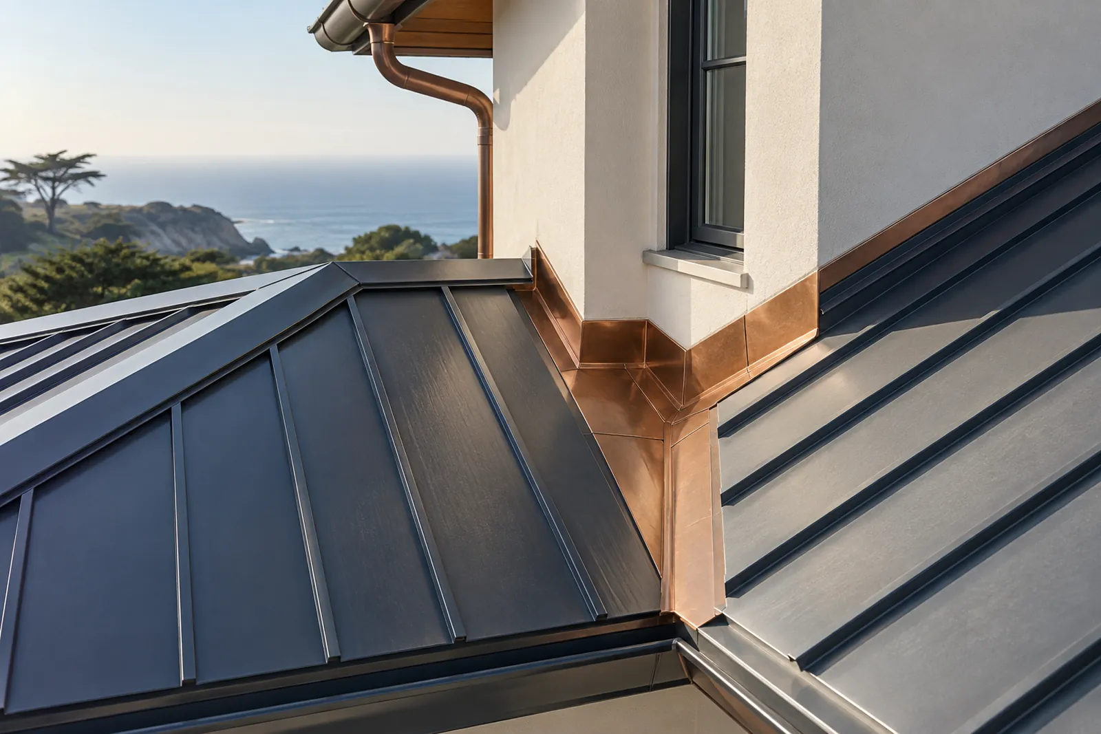 Copper flashing at a roof valley and wall connection
