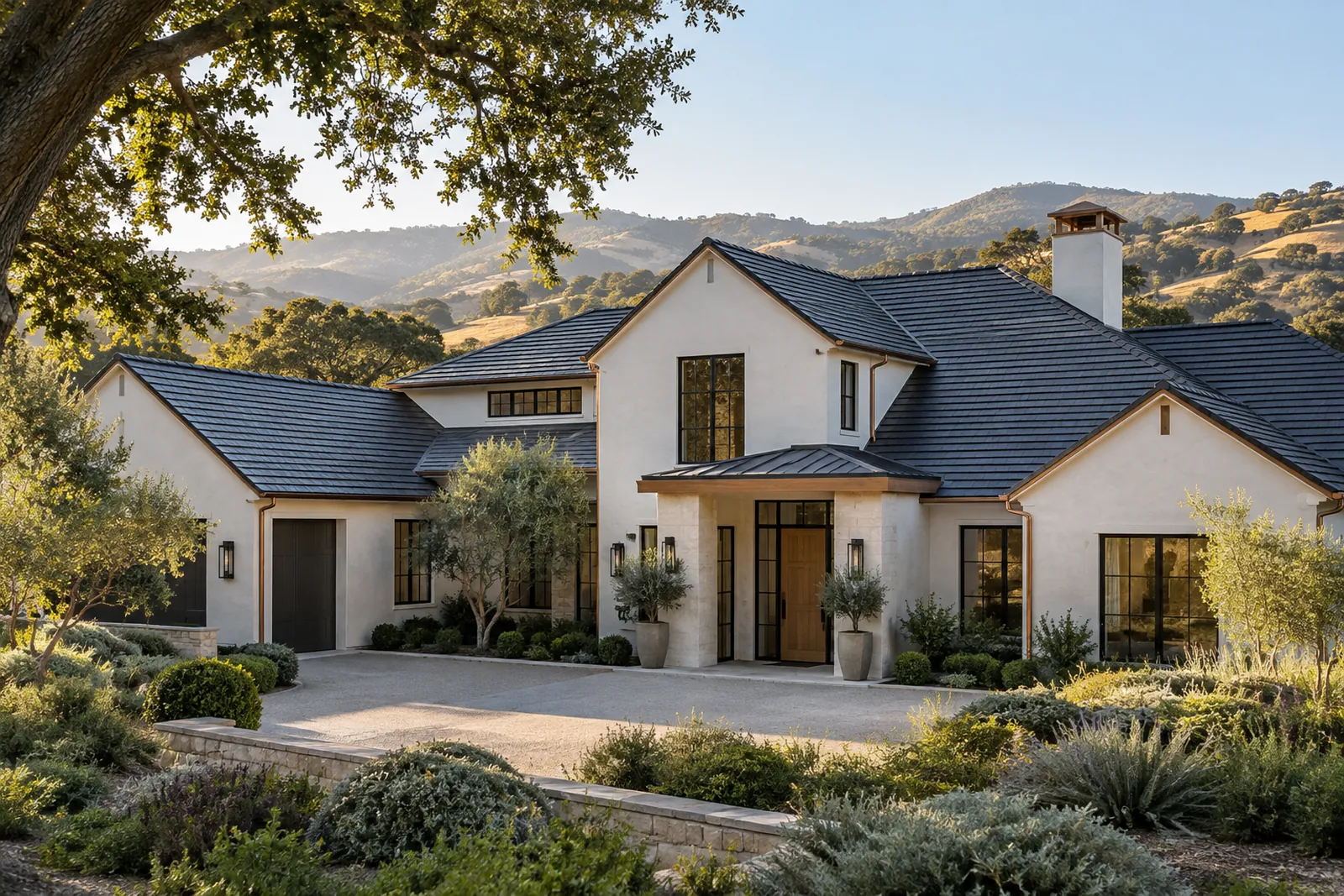 Residential roof concept with oak landscaping