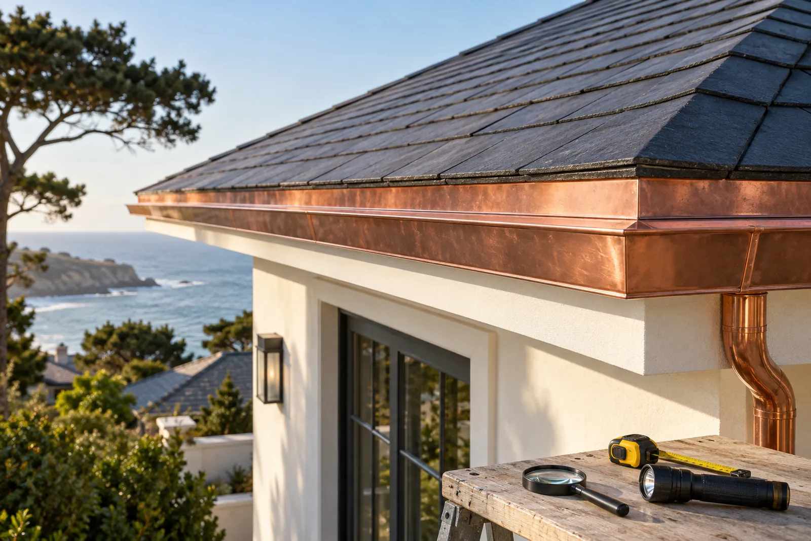 Roof details and inspection tools beside a workbench