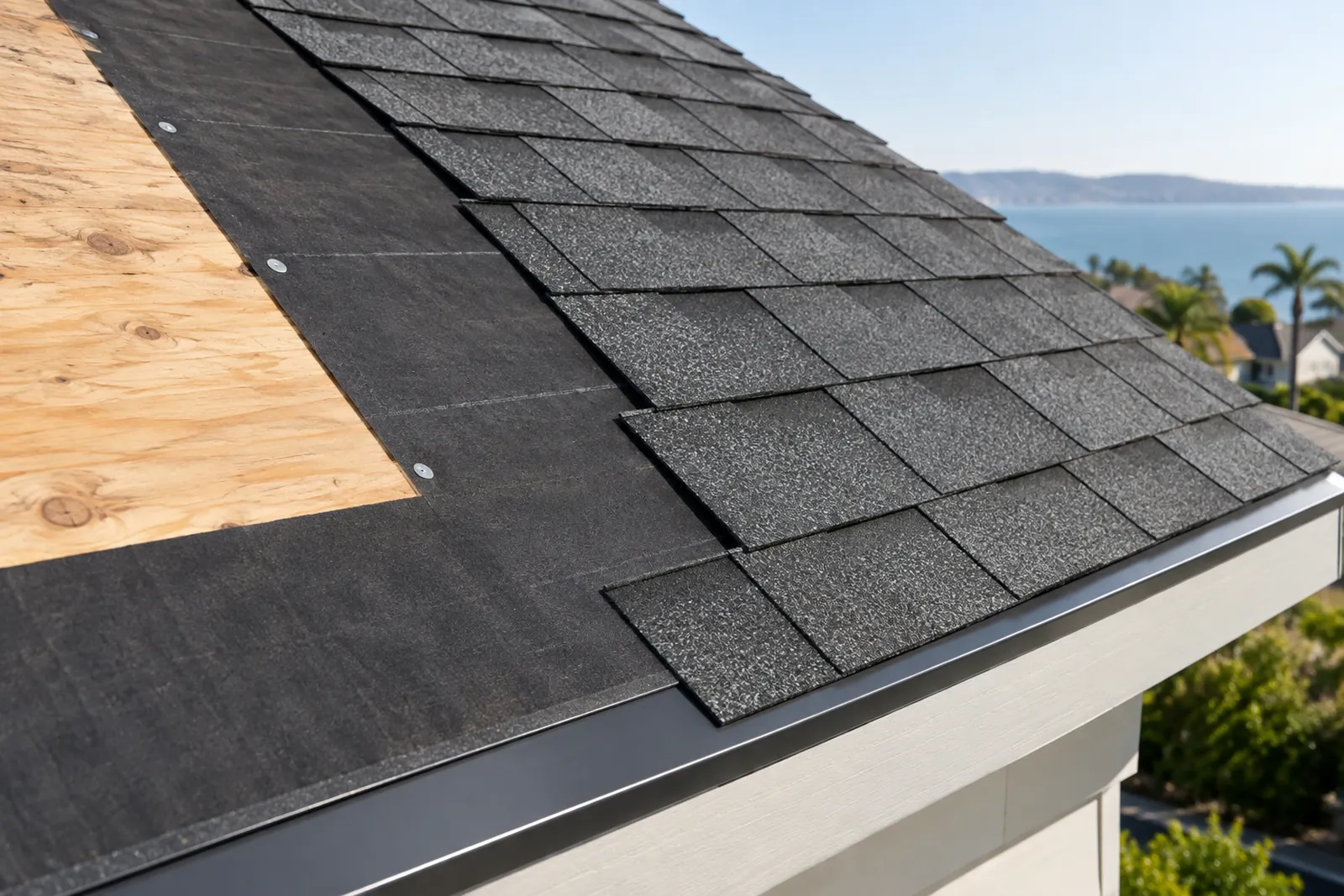 Illustrative roof covering, underlayment and deck layers