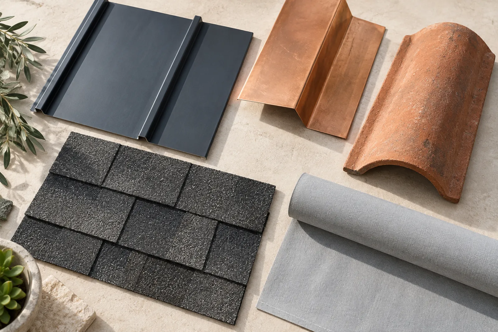 Metal, copper, clay tile, shingle and membrane material samples