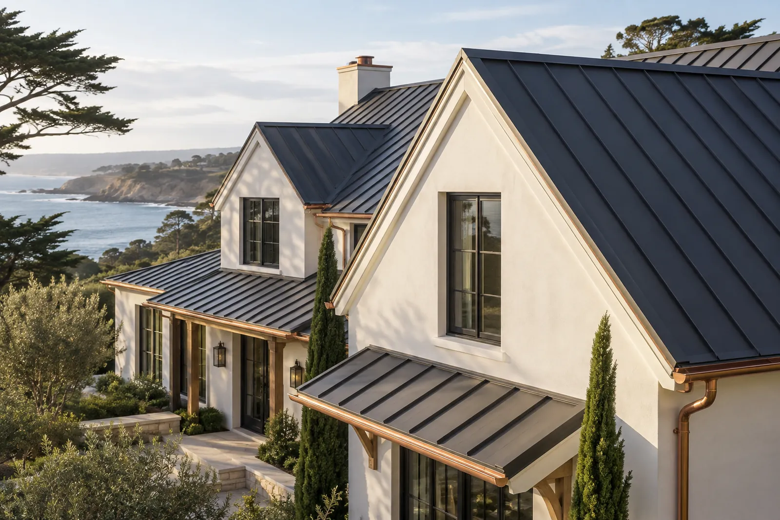 Standing-seam metal roof on a warm white coastal-style home