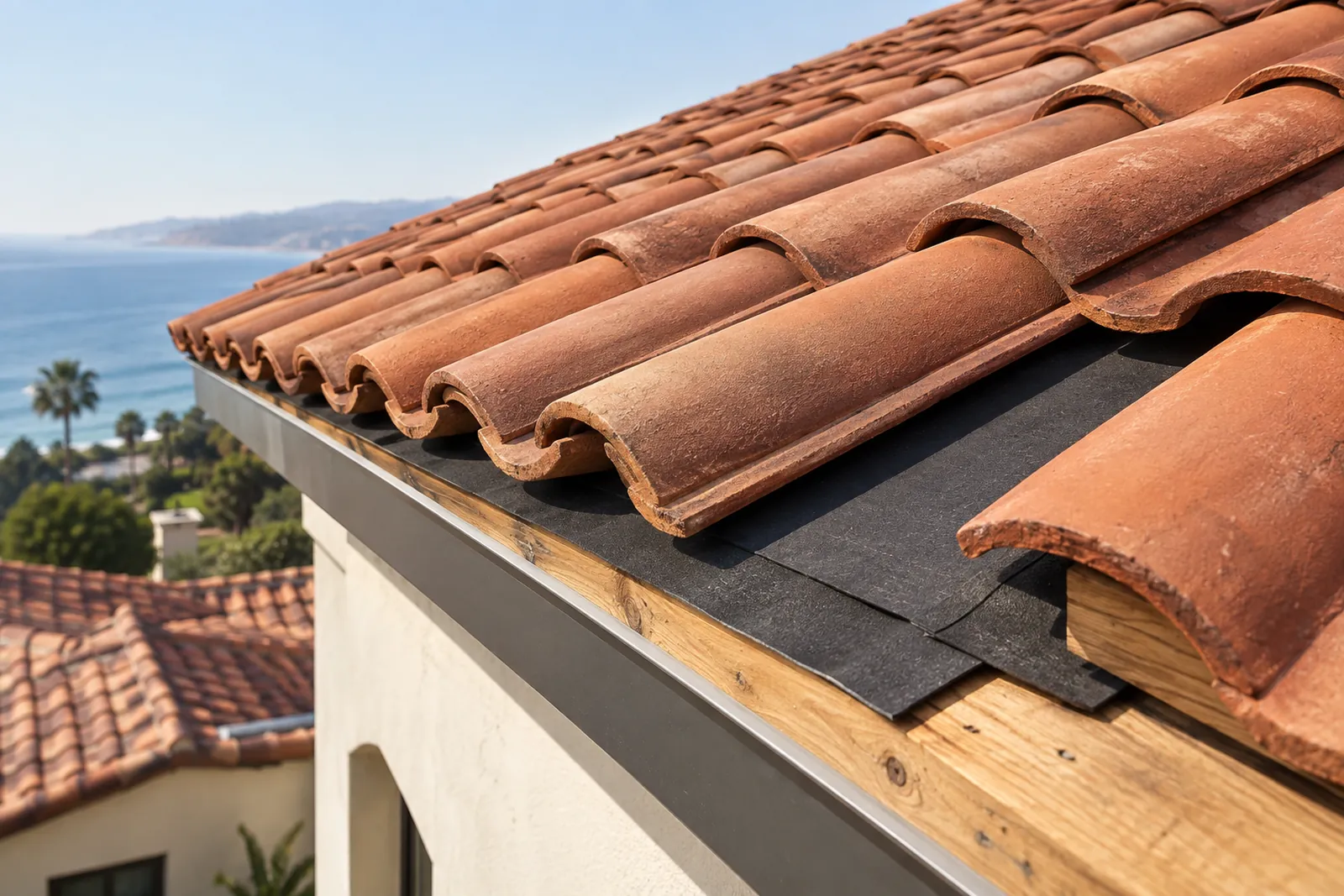 Illustrative clay tile and underlying roofing layers
